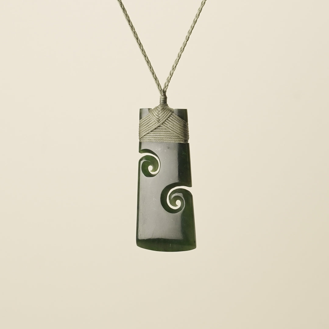 Large Pounamu Toki with Koru, Khaki Binding