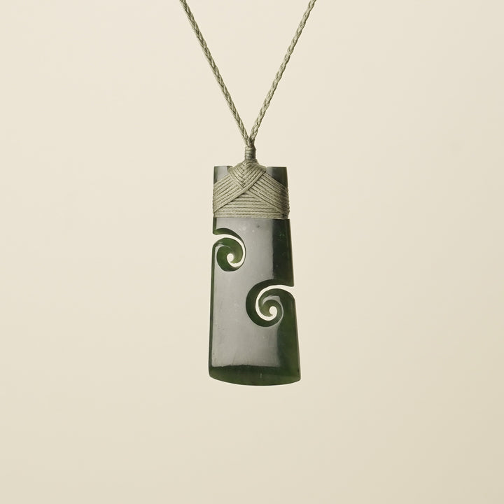 Large Pounamu Toki with Koru, Khaki Binding