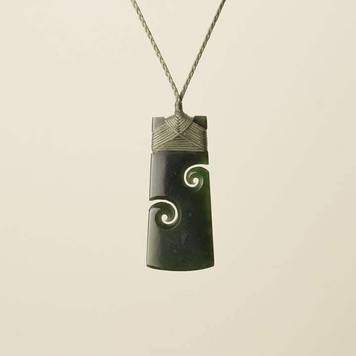 Large Pounamu Toki with Koru, Khaki Binding