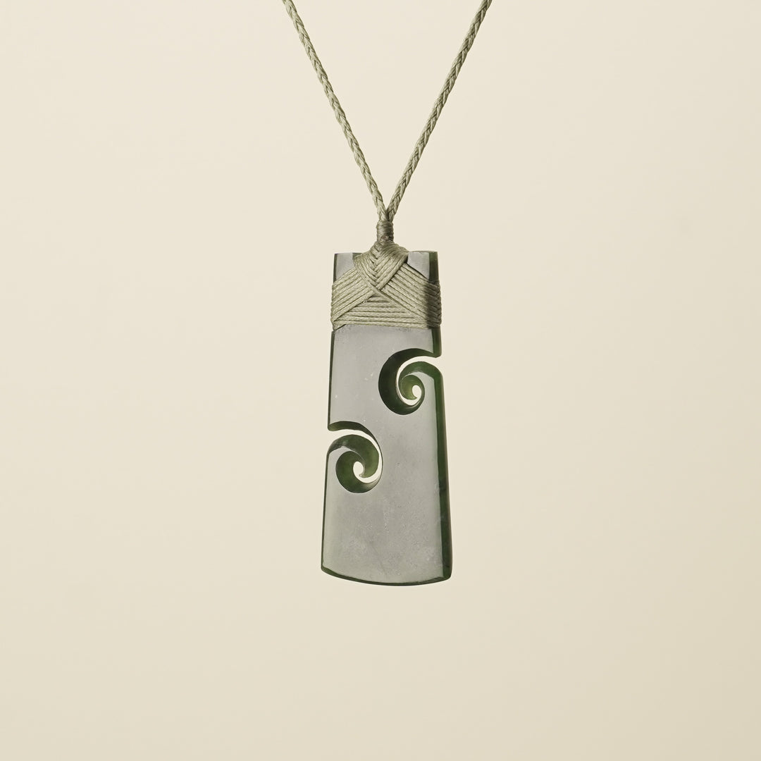 Large Pounamu Toki with Koru, Khaki Binding