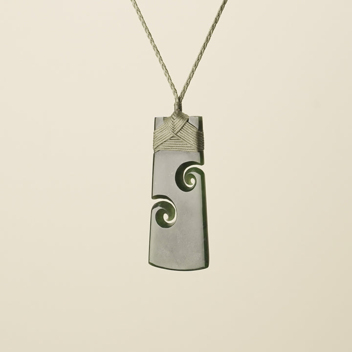 Large Pounamu Toki with Koru, Khaki Binding