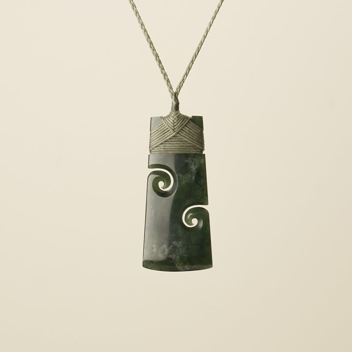 Large Pounamu Toki with Koru, Khaki Binding