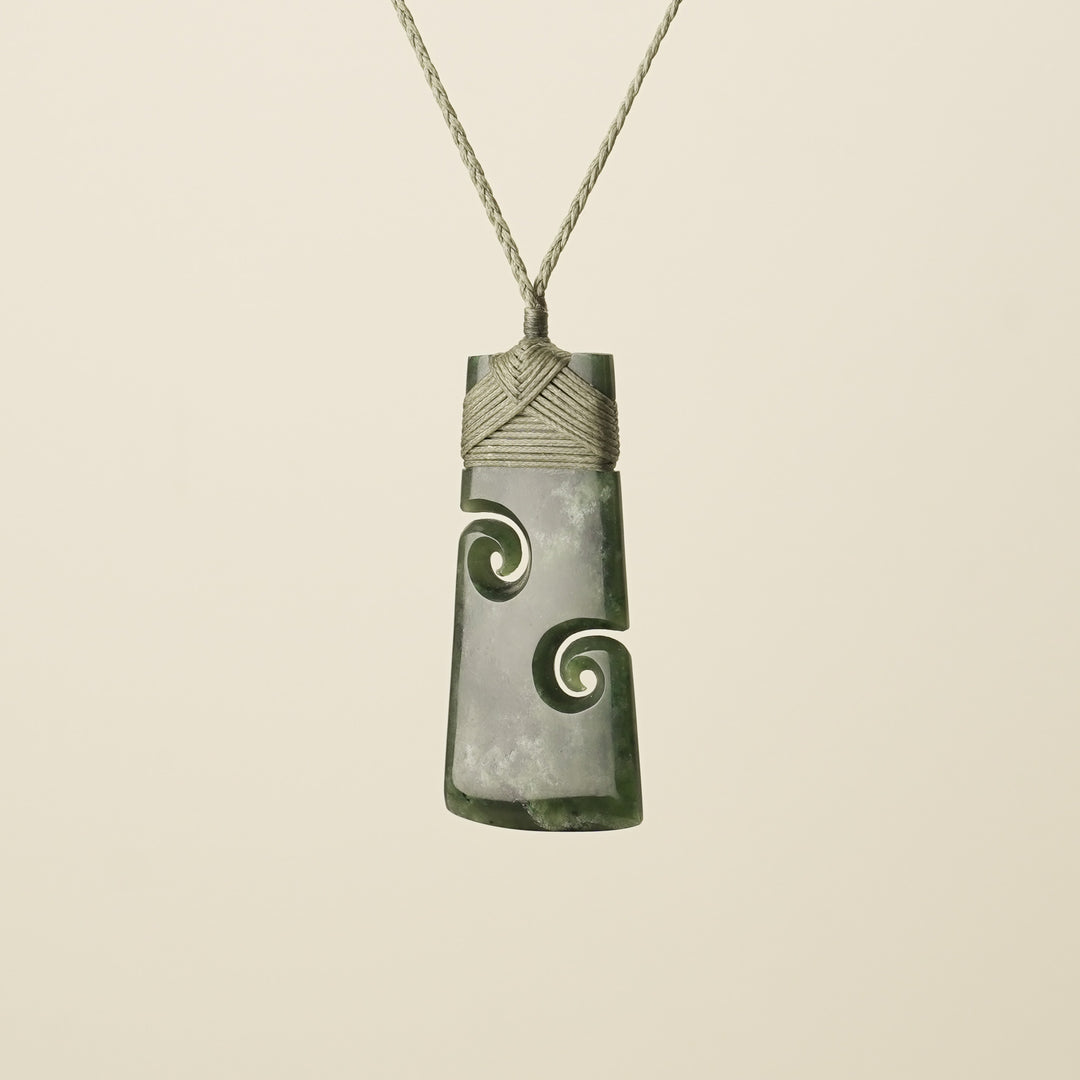 Large Pounamu Toki with Koru, Khaki Binding