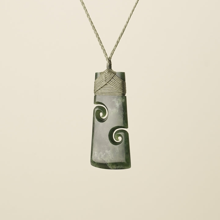 Large Pounamu Toki with Koru, Khaki Binding