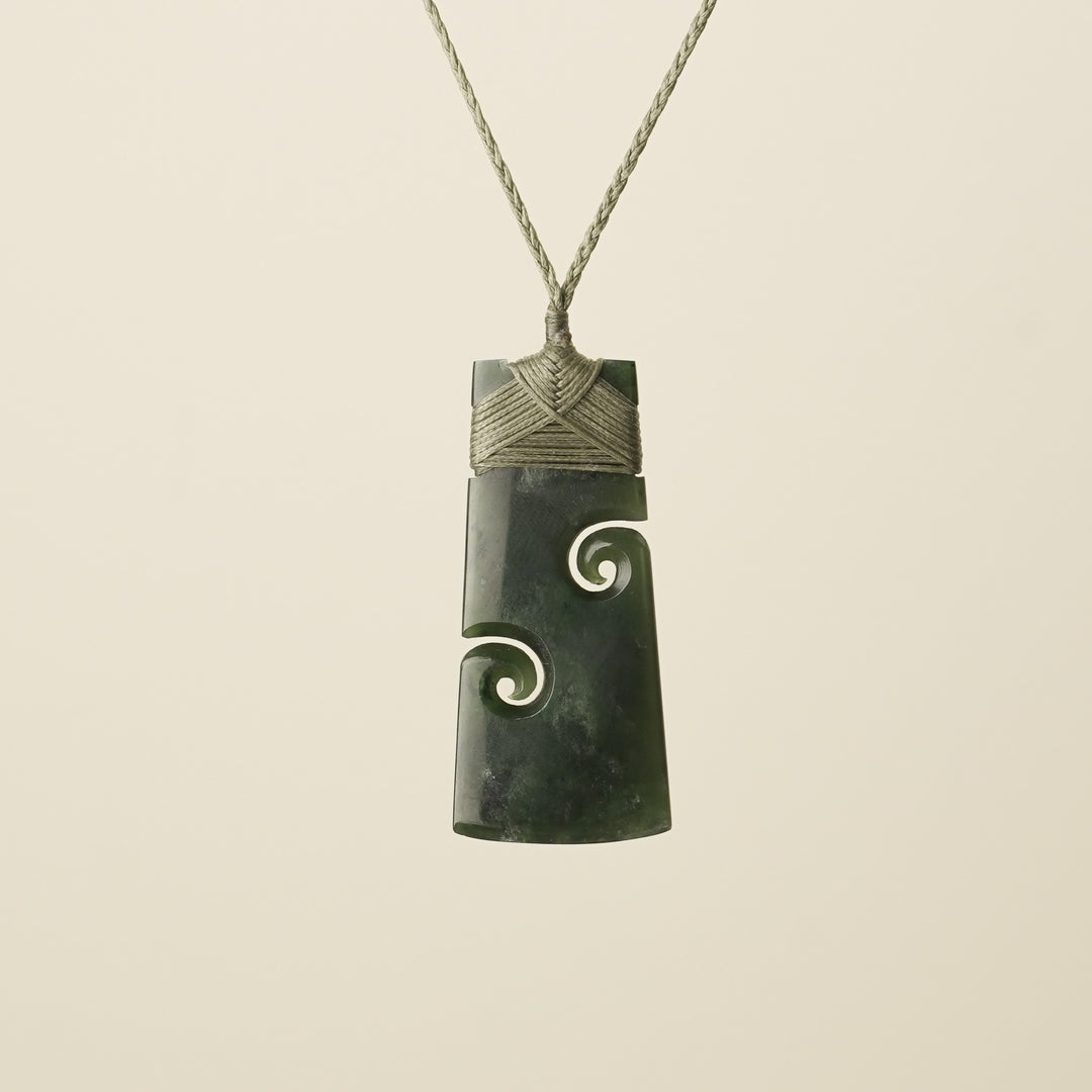 Large Pounamu Toki with Koru, Khaki Binding