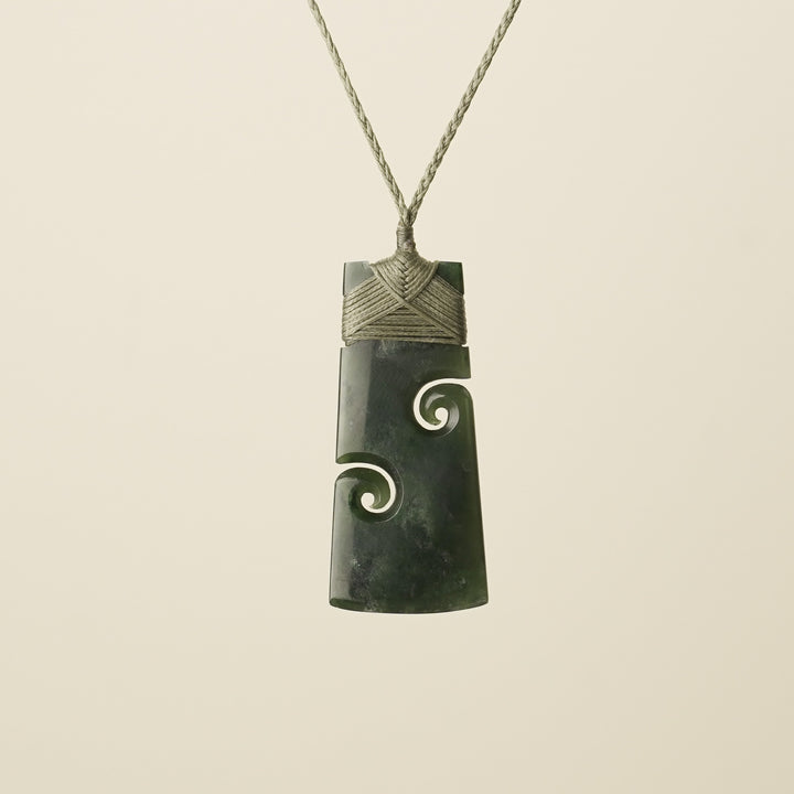 Large Pounamu Toki with Koru, Khaki Binding