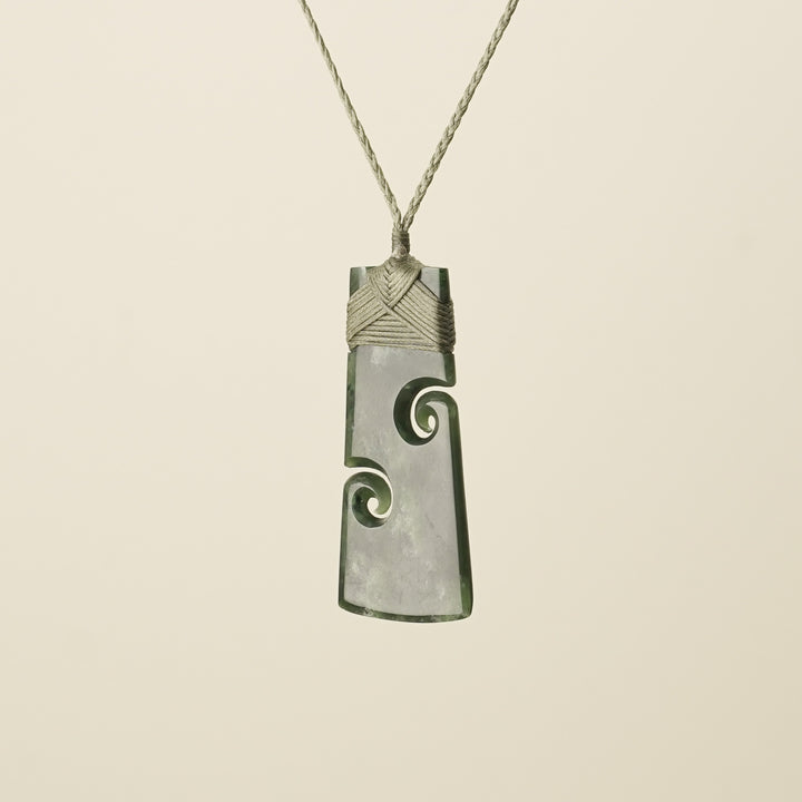 Large Pounamu Toki with Koru, Khaki Binding