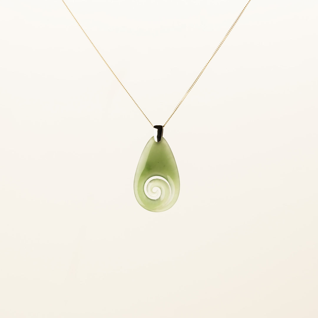 Small Kahurangi Koru Teardrop Pounamu Pendant in 9k Yellow Gold
