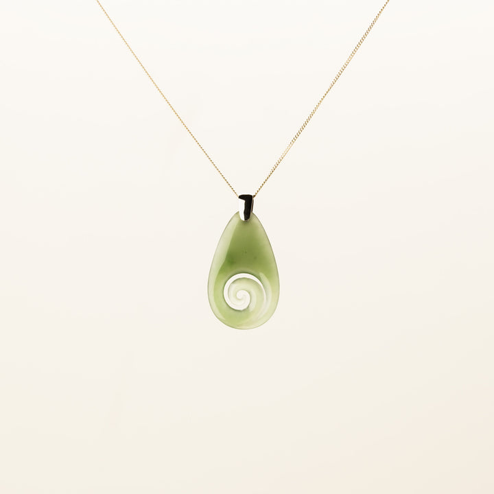 Small Kahurangi Koru Teardrop Pounamu Pendant in 9k Yellow Gold