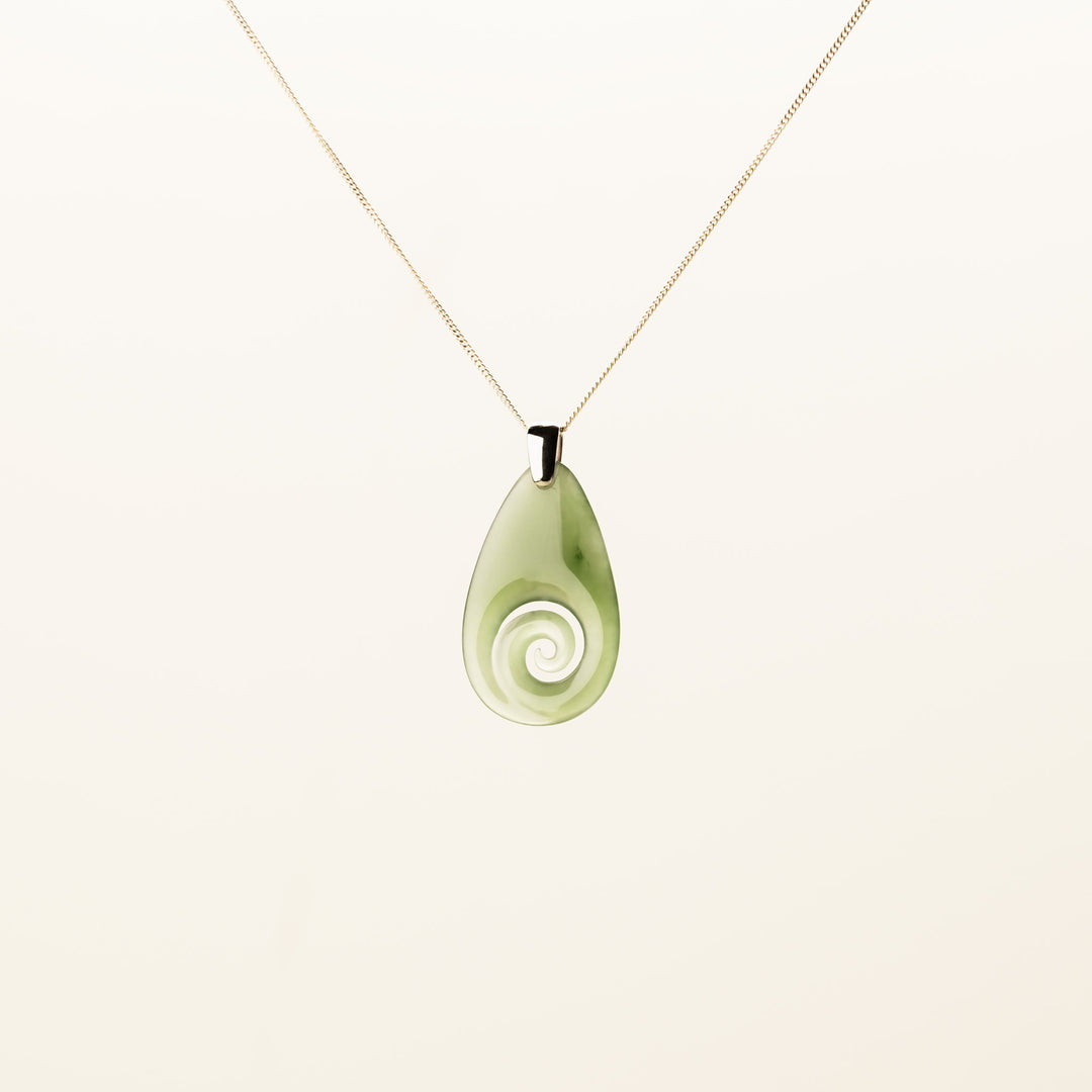 Small Kahurangi Koru Teardrop Pounamu Pendant in 9k Yellow Gold