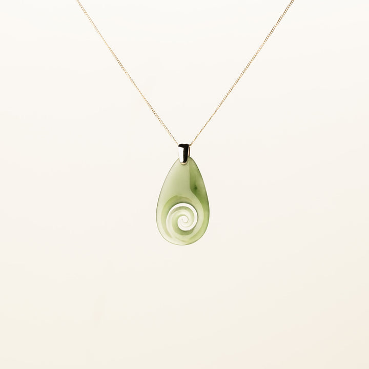 Small Kahurangi Koru Teardrop Pounamu Pendant in 9k Yellow Gold