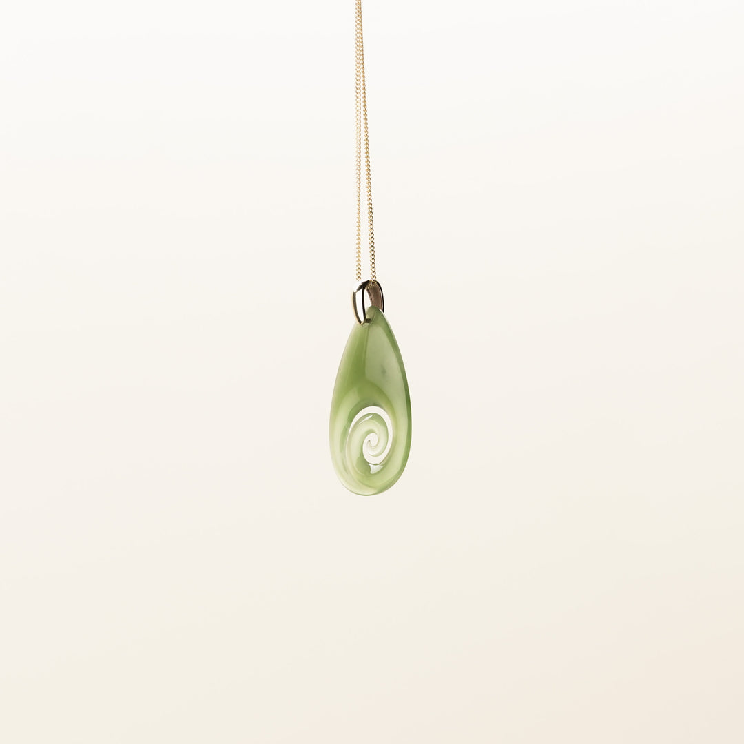 Small Kahurangi Koru Teardrop Pounamu Pendant in 9k Yellow Gold