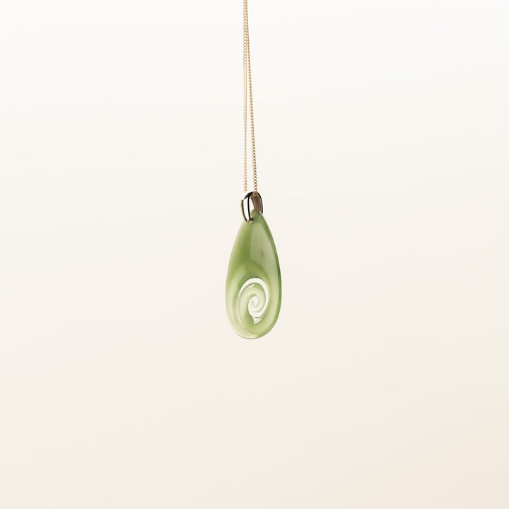 Small Kahurangi Koru Teardrop Pounamu Pendant in 9k Yellow Gold