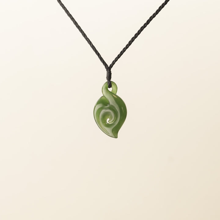 Pounamu Pikorua Koru Small Pendant, Black Binding