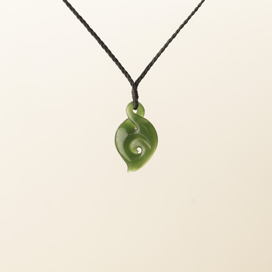 Pounamu Pikorua Koru Small Pendant, Black Binding