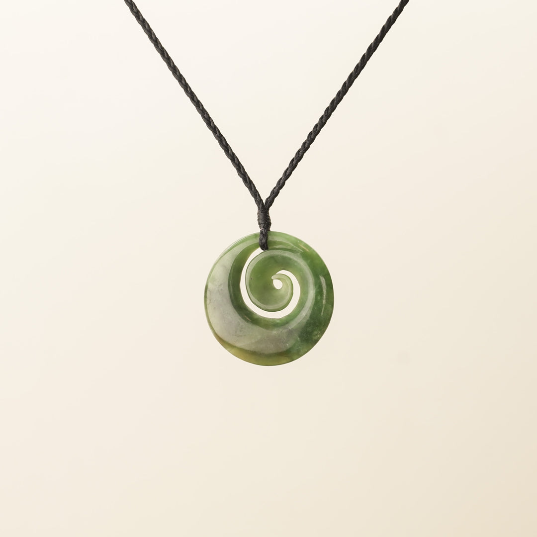 Pounamu Koru Medium Pendant, Black Binding