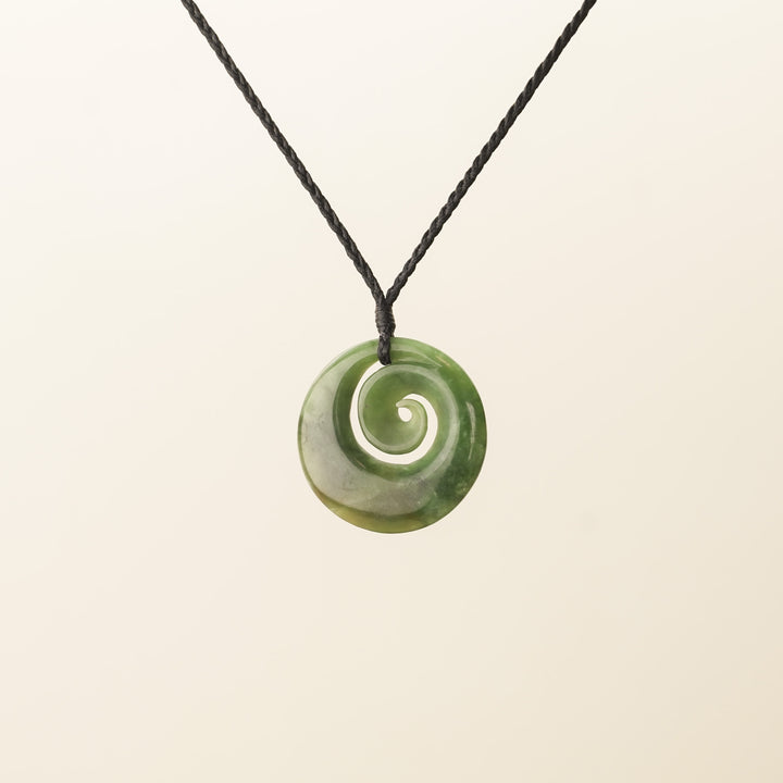 Pounamu Koru Medium Pendant, Black Binding