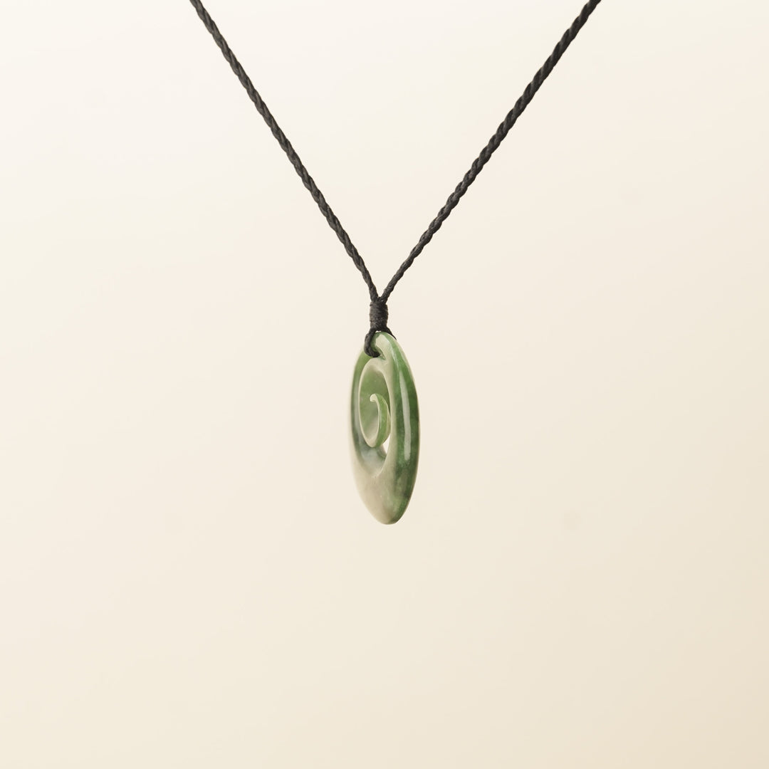 Pounamu Koru Medium Pendant, Black Binding