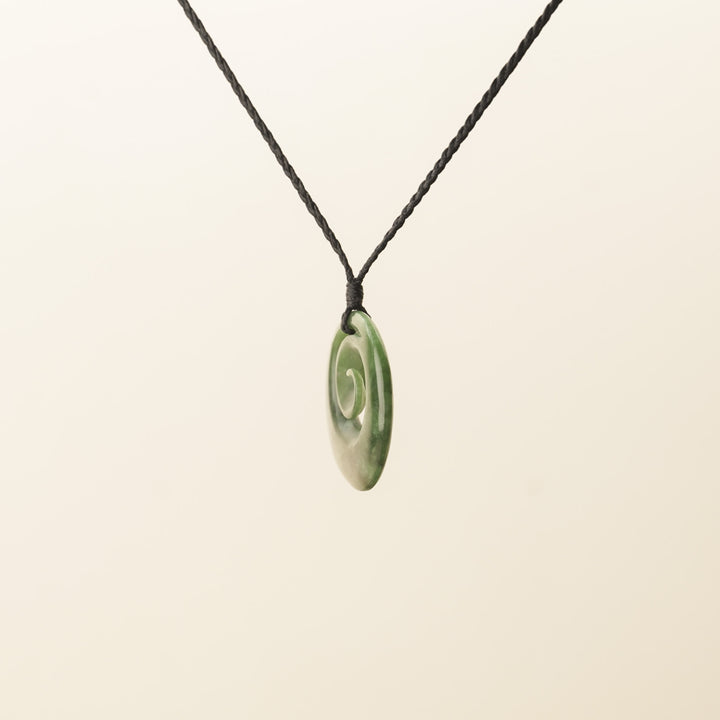 Pounamu Koru Medium Pendant, Black Binding