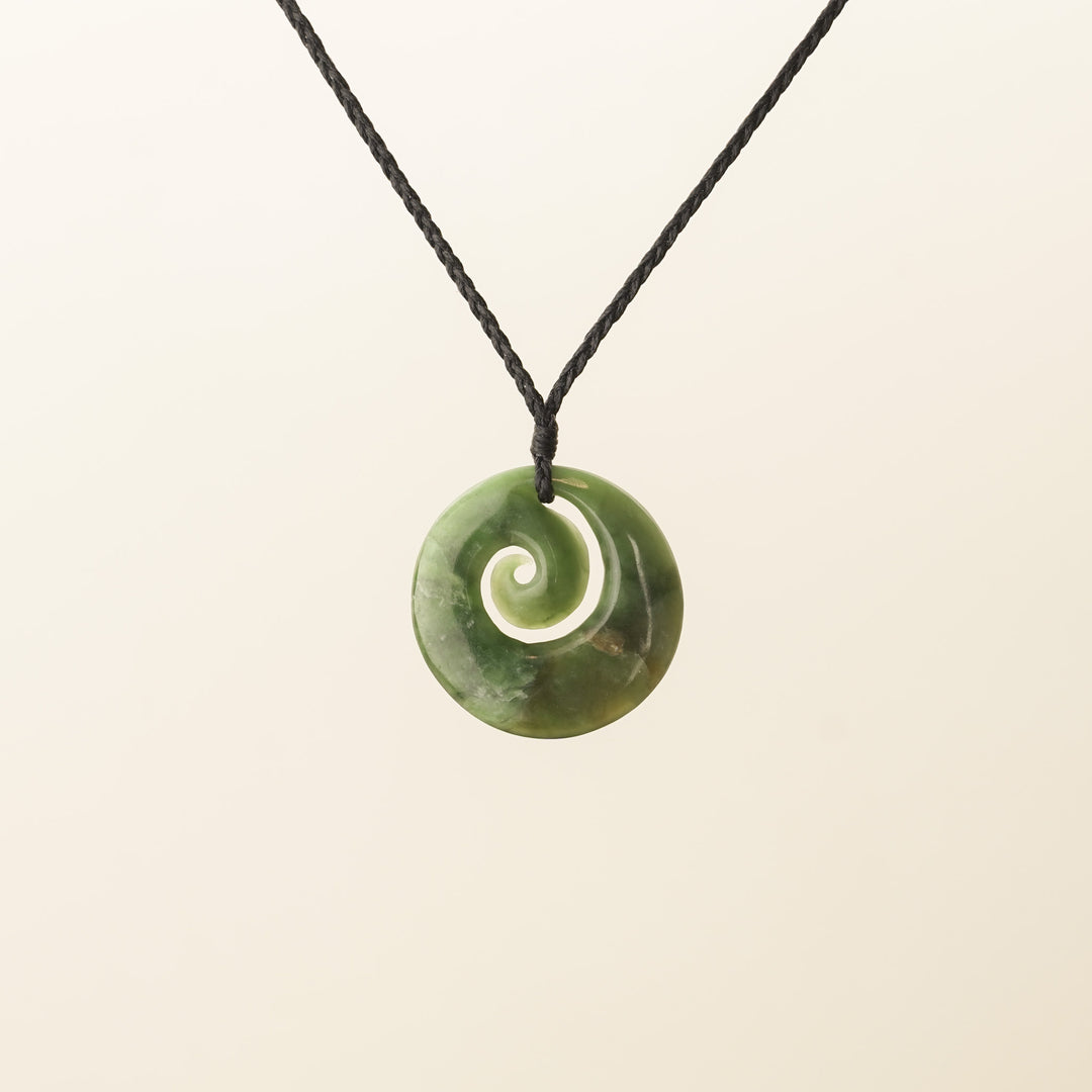 Pounamu Koru Medium Pendant, Black Binding
