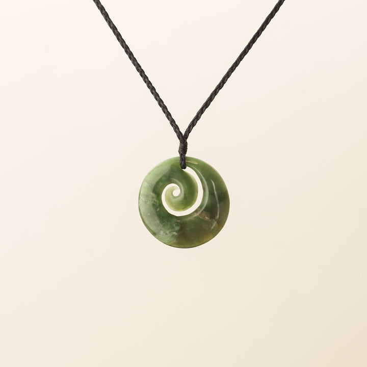 Pounamu Koru Medium Pendant, Black Binding