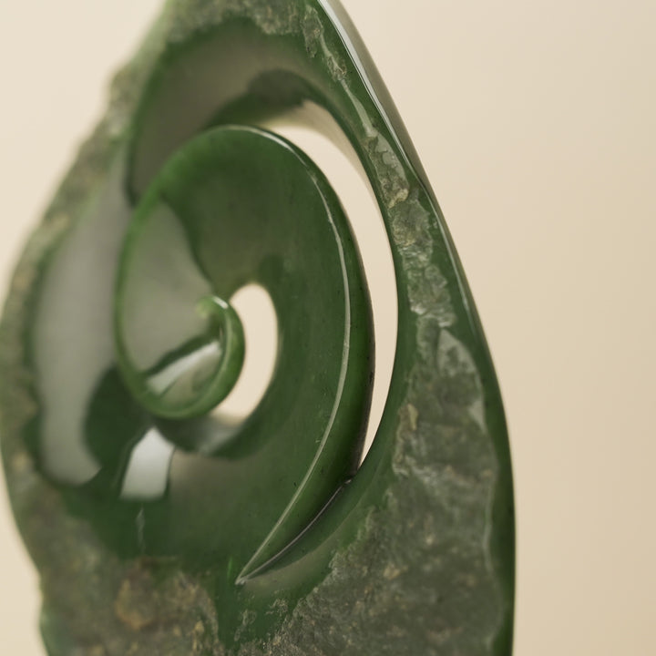 Koru Rough & Polished Greenstone Large Sculpture on Driftwood