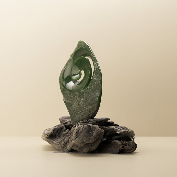 Koru Rough & Polished Greenstone Large Sculpture on Driftwood
