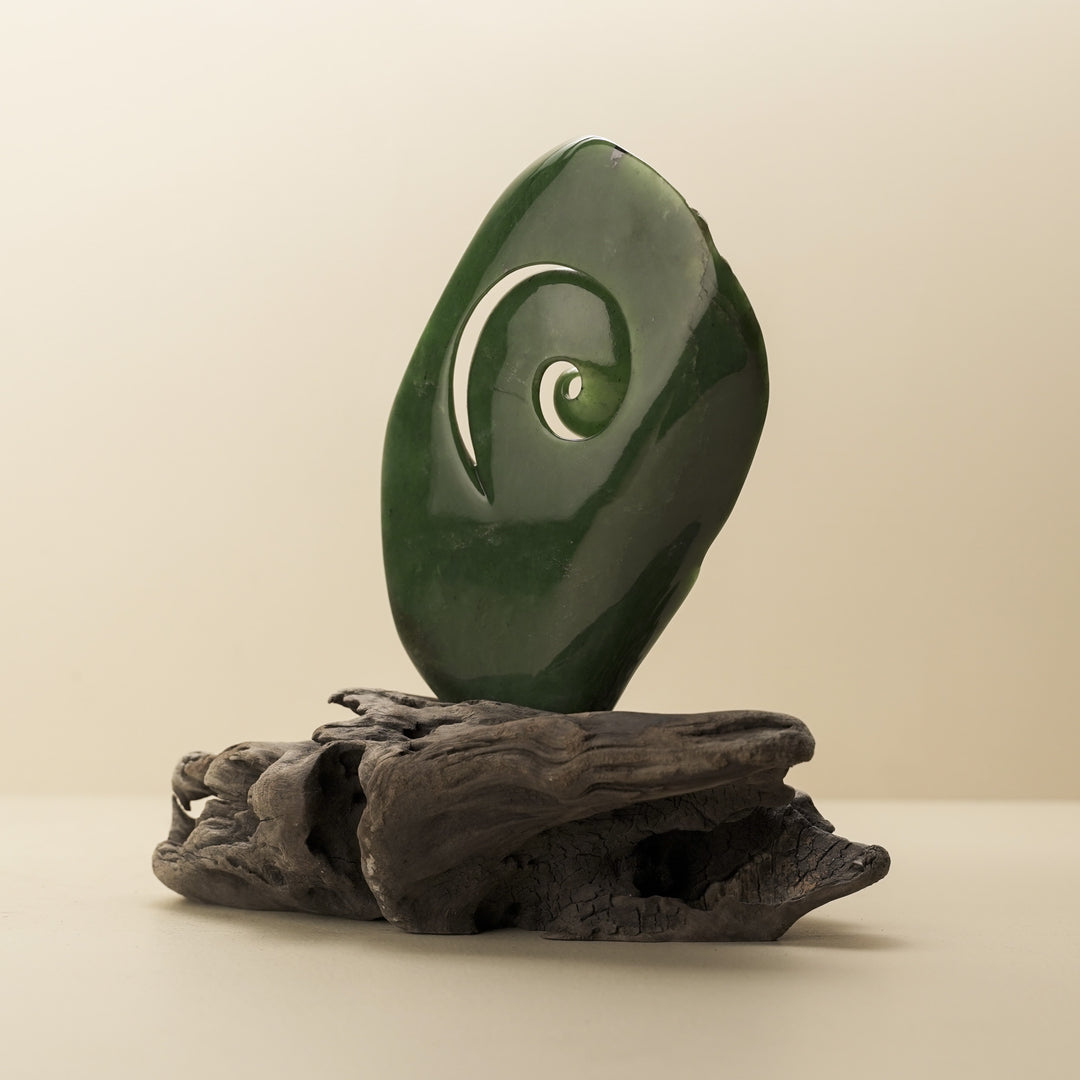 Koru Rough & Polished Greenstone Large Sculpture on Driftwood