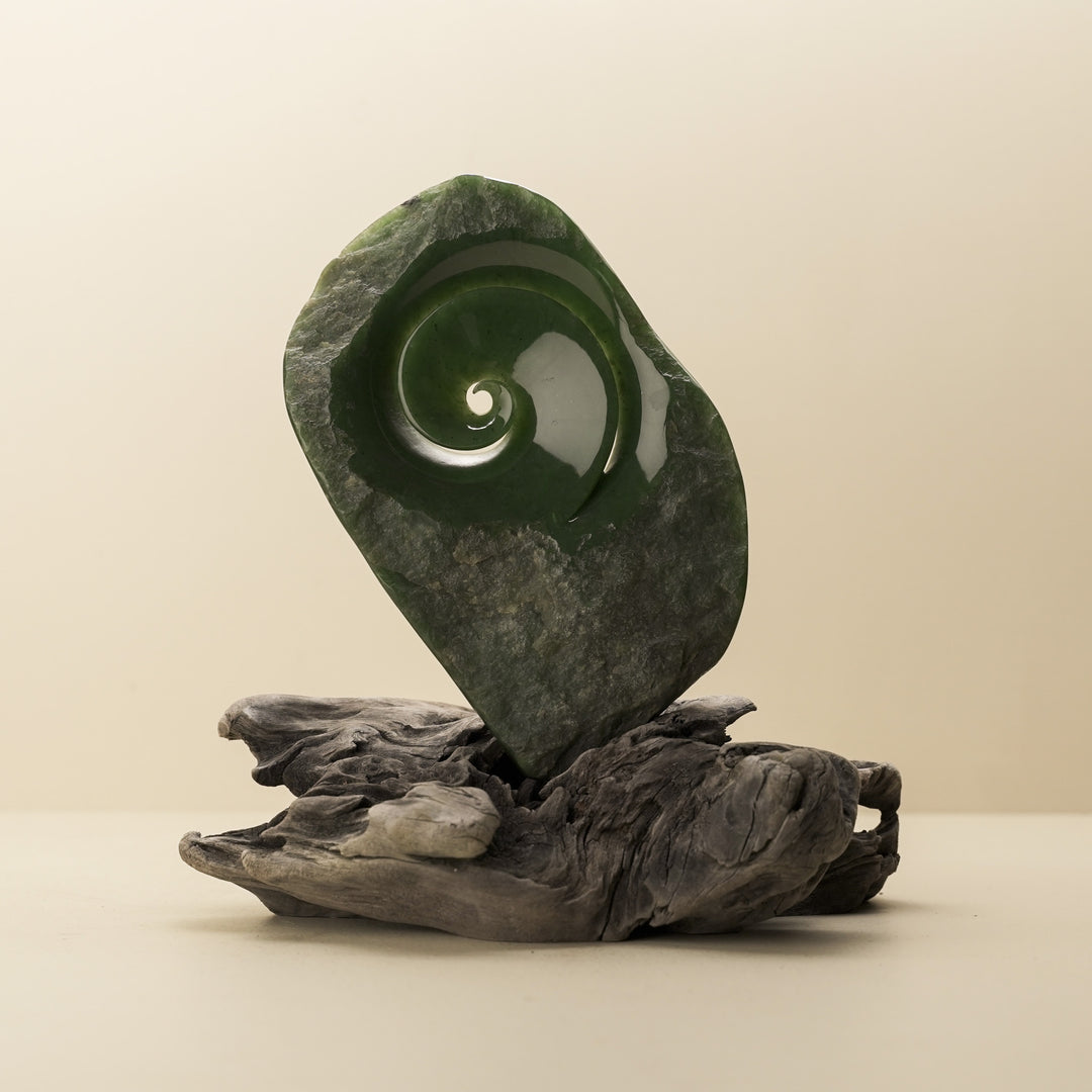 Koru Rough & Polished Greenstone Large Sculpture on Driftwood