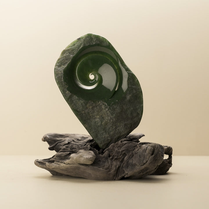 Koru Rough & Polished Greenstone Large Sculpture on Driftwood