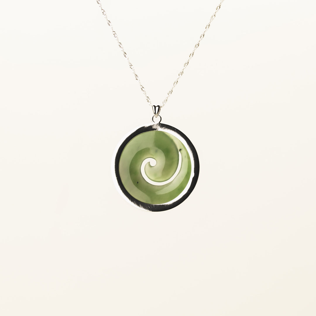 Large Koru Greenstone Pendant Set in Silver