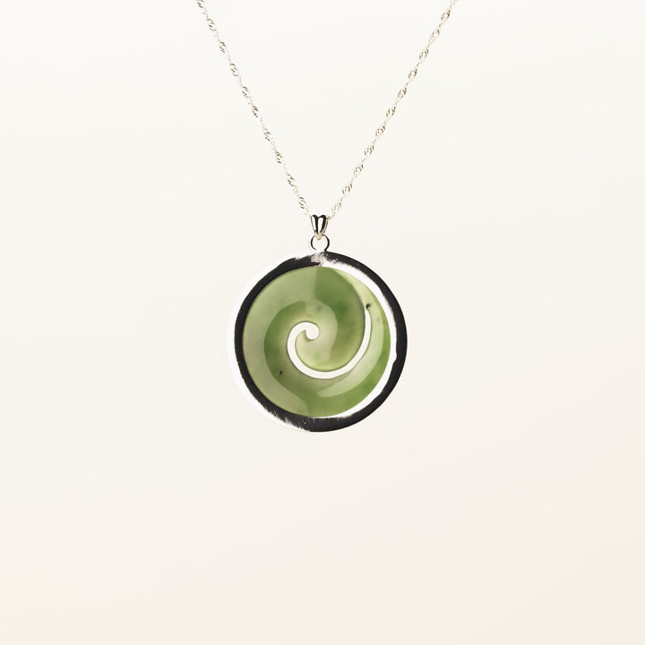Large Koru Greenstone Pendant Set in Silver