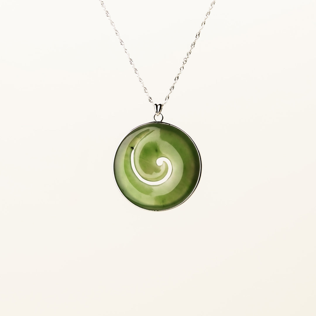 Large Koru Greenstone Pendant Set in Silver