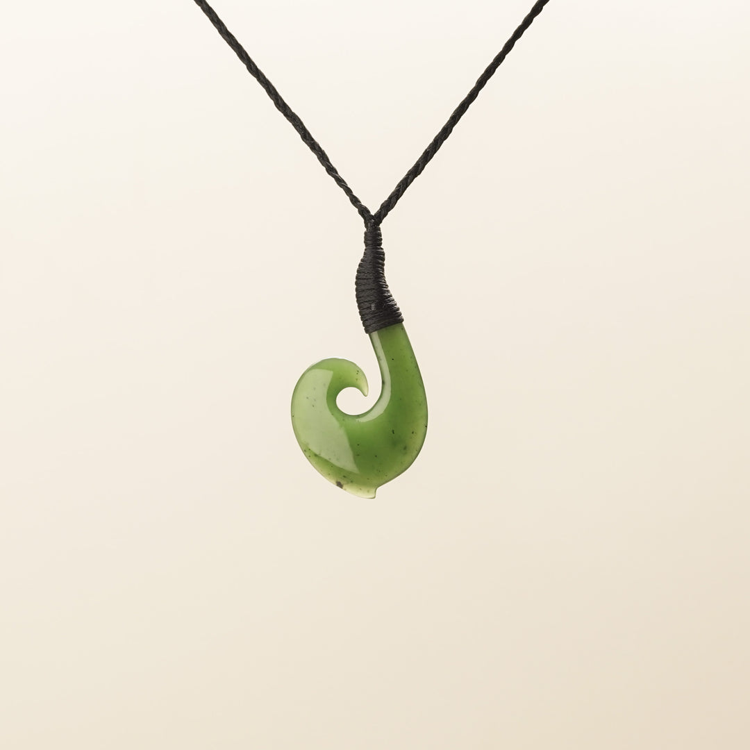 Barbed Hei Matau with Koru Greenstone Pendant