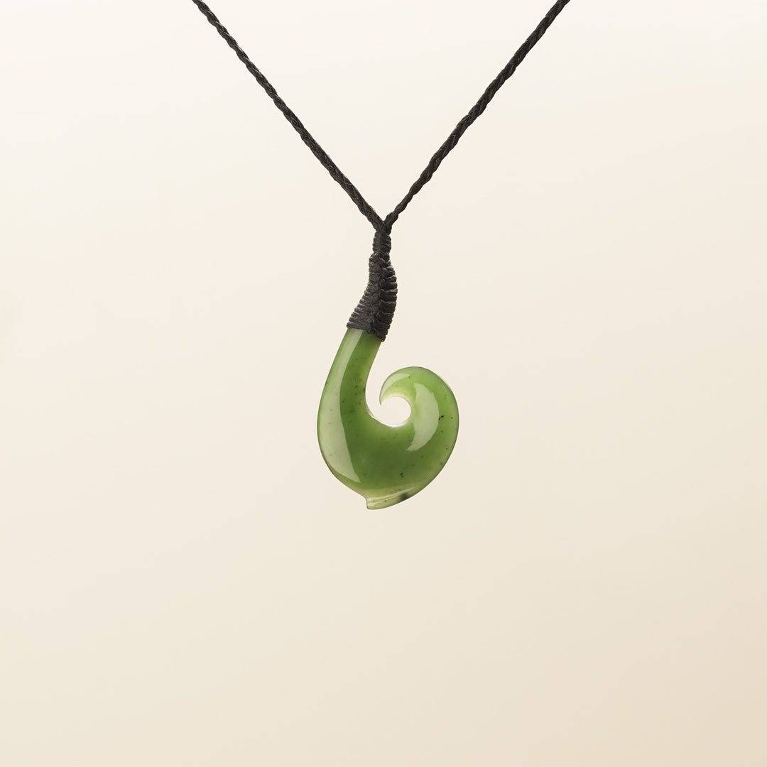 Barbed Hei Matau with Koru Greenstone Pendant