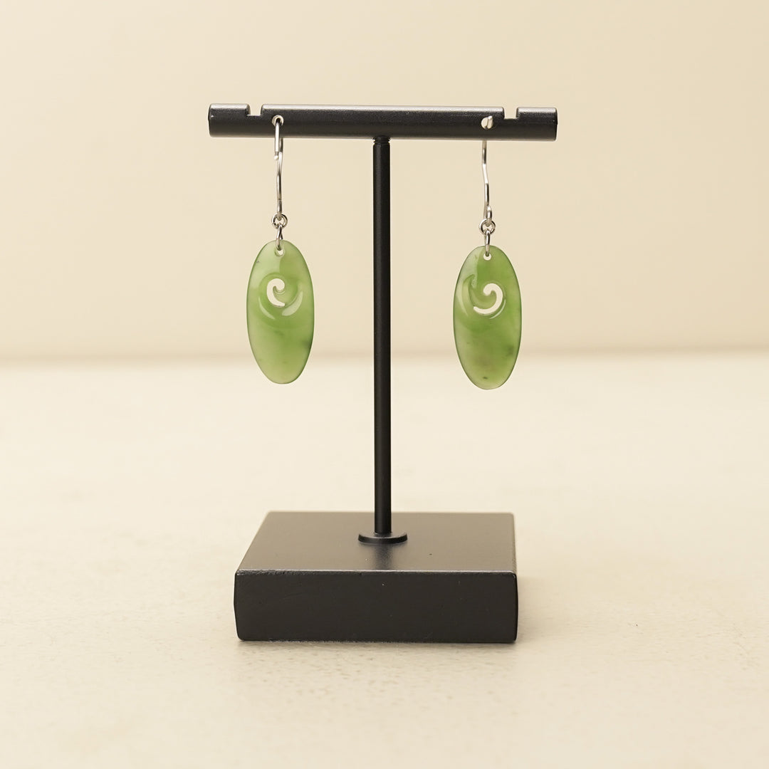 Koru Oval Greenstone Drop Earrings