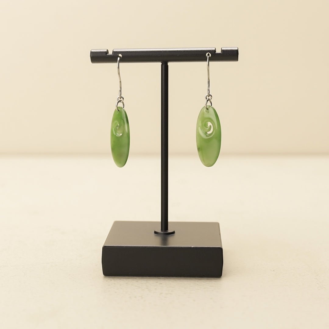 Koru Oval Greenstone Drop Earrings