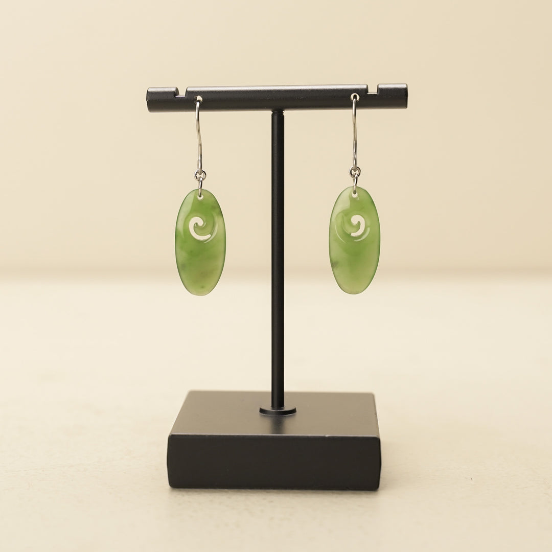 Koru Oval Greenstone Drop Earrings